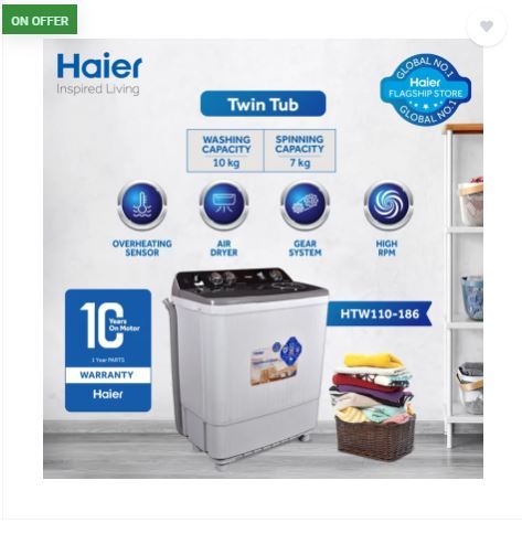 Haier HTW 110-186 10KG Top Load Twin Tube Semi Automatic Washing Machine With Official Warranty