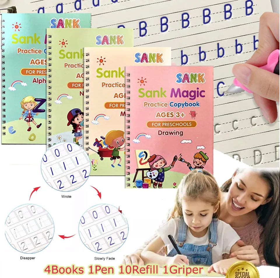 MAGIC BOOK | SANK MAGIC BOOK | SANK MAGIC PRACTICE COPYBOOK | Writing Practice Book for Children, Magic Book for Writing, Best Book for Kids Writing Practice, 4 Books 10 Refills 1 Pen, Best Book for writing especially for Children