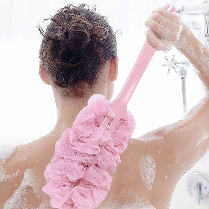Decor Rack Bath Sponge with Handle, Shower Loofah Brush, Back Cleaning Scrubber, 8” Long Curved Handle, Exfoliate, Rejuvenate Skin, Body Bathing Sponge with Long Mesh Pouf