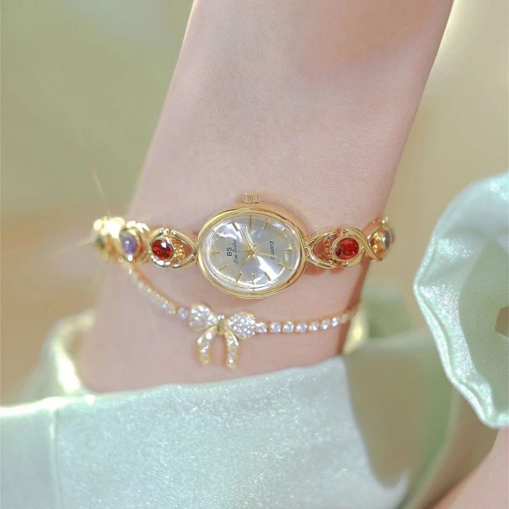 Women Oval Rainbow Gem Wristwatch Fashion Elegant Waterproof Bracelet Watch Small Clock