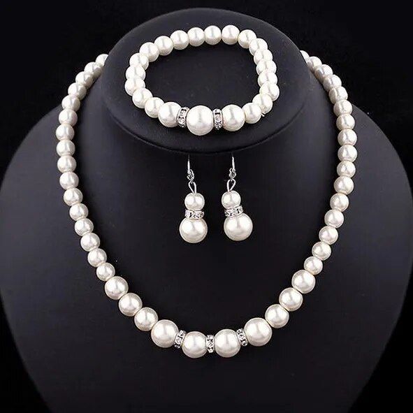 Newest Women Wedding Party Jewerly Set Simple Elegant luxury Crystal Simulated Pearl Necklace Earrings Jewelry Sets 3T040