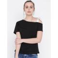 Cotton Full sleeves Black one open shoulder with satin strip t shirt for girls. 
