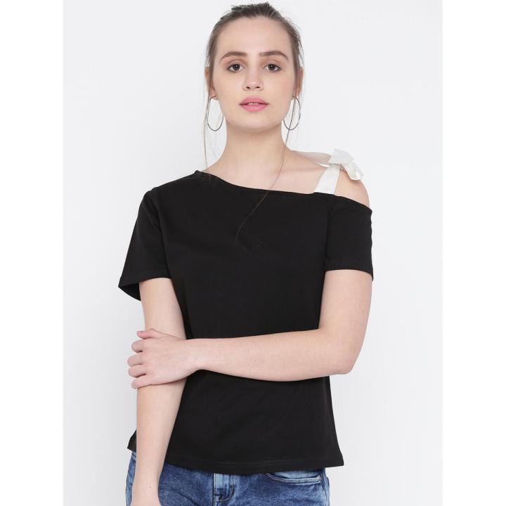 Cotton Full sleeves Black one open shoulder with satin strip t shirt for girls