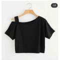 Black Plain Printed Cotton Off Shoulder Cropped T-Shirt For Women. 