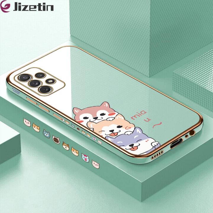 Jizetin (Free Lanyard) for Samsung A72 / A72 5G Back Cover Cute Dogs Luxury 6D Plating Case Side Pattern Soft Silicone Square Phone Cases