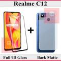 Realme C12 Full Black 9D10D11D21D5D6D Tempered Glass Edge to Edge Full Glue Screen Protector + Back Matte Protector Soft Skin Sheet Soft Film Protector For Realme C12. 
