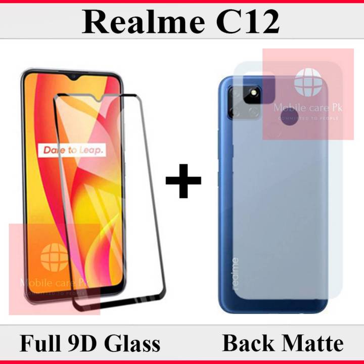Realme C12 Full Black 9D10D11D21D5D6D Tempered Glass Edge to Edge Full Glue Screen Protector + Back Matte Protector Soft Skin Sheet Soft Film Protector For Realme C12