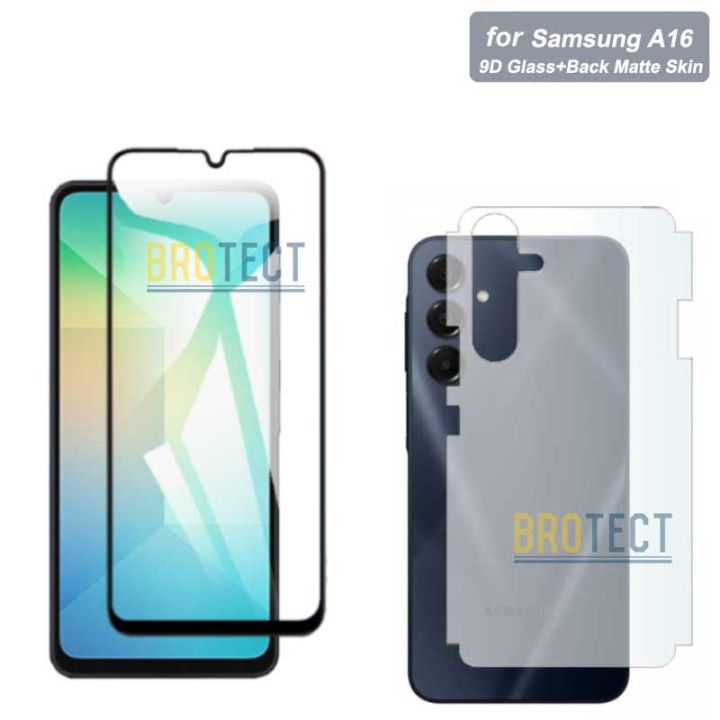 2 IN 1 Samsung A16 9D 21D Tempered Glass Screen Protector + Back Matte Protector Soft Skin Sheet Film Protection Carbon Fiber Full Glue Edge to edge OG HD Plus For Galaxy A16 - Transparent