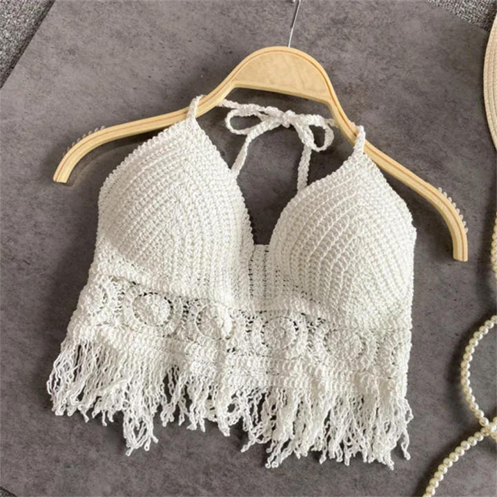 Cotton Tank Top Underwear Embroidered Hollow Out Cropped Tank Tassel Knitted Bra for Beachwear Yoga Apparel Ladies Fashion Boho Style Casual Wear Summer