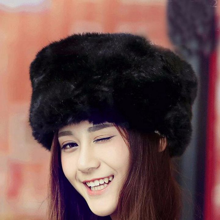 Ladies Girls Female Women Faux Russian Hat Black Fluffy Cossack Holiday Hat S Cap Winter 56Cm