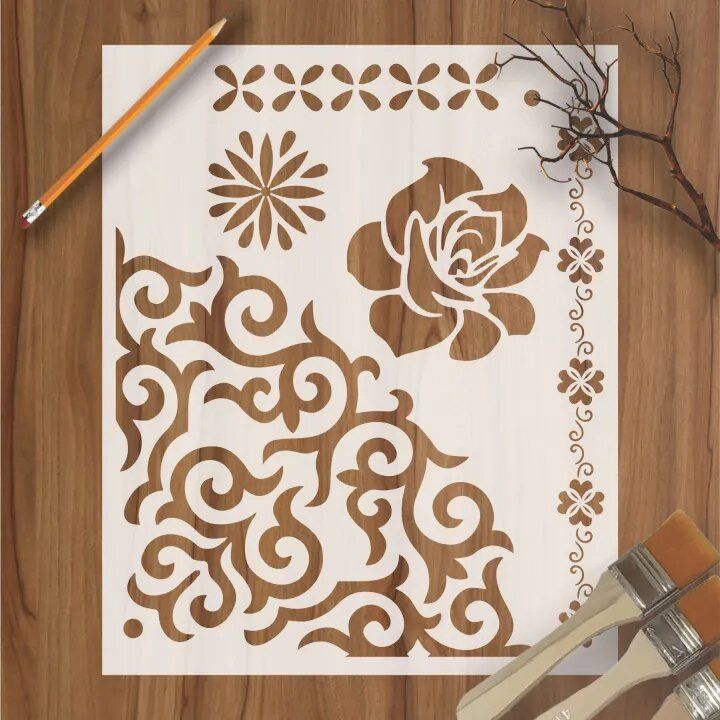 Rose Flower with borders and Corner Reusable Stencil Airbrush Painting ...