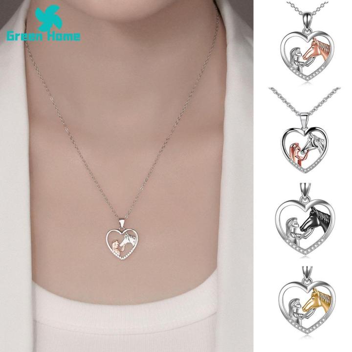 Green Home Choker Necklace Lustrous Love Heart Girls And Horse Pendant Necklace
