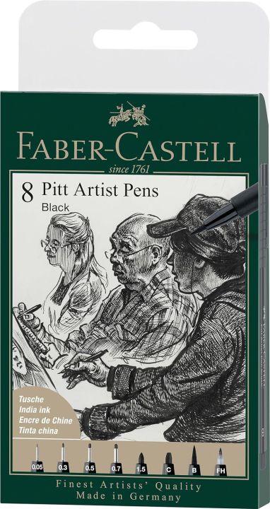 Faber-Castell PITT Artist Pen India Ink Pen - wallet of 8 - colour 199 black - XXS, S, F, M, B, C, 1.5, Fude Hard