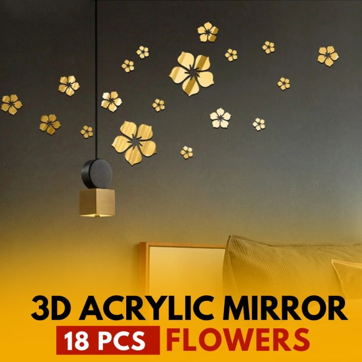 3D Acrylic mirror flowers, wall decor, wall decor items, 18 pcs flowers, self adhesive, waterproof, easy stick, best for home decor or to hide wall stains, kids room decor, room decor, acrylic mirror wall stickers