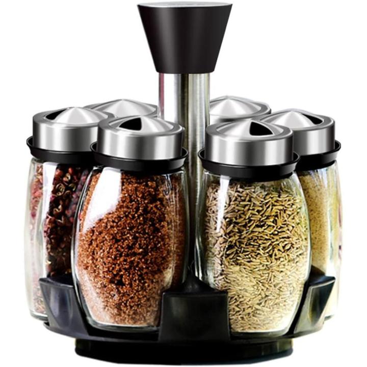 Spice Rack With 6 Glass Spice Holders Jar, Revolving Spice Rack Kitchen Cabinet And Worktop