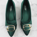 Women's Pointed Toe Pumps with Golden Buckle - Satin Finish Low Block Heel Fancy Court Shoes for Girls - Maroon, Green & Brown. 