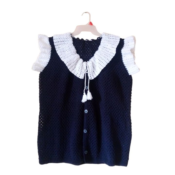 Stylish & Trendy Navy Blue Color Handmade Woolen Cardigan for Women / Navy Blue Sweater for Girls / V-Neck Sleeveless Sweater for Women / Front Open Cardigan for Ladies