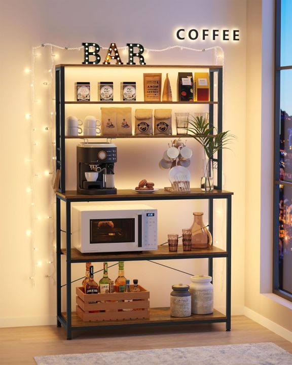 Coffee Bar, Baker's Rack for Kitchen with Storage, 6-Tier Kitchen Shelves with 6 Hooks, Microwave Stand, Industrial, Rustic Brown and Black
