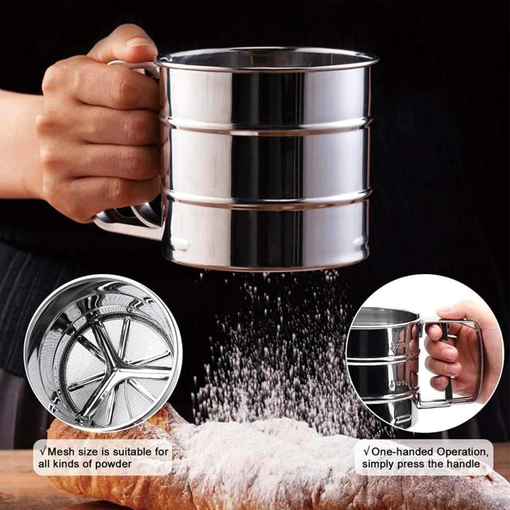 Stainless Steel Mesh Flour Sifter Mechanical Baking Icing Sugar Shaker Sieve Tool Cup with Handle