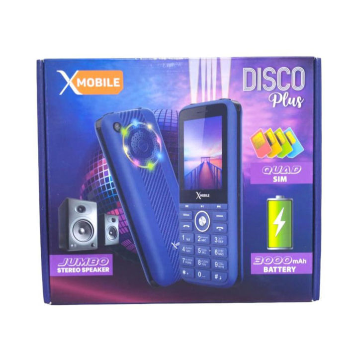 Xmobile Disco Plus, 4 Active Sims, 3000mAH Big Battery, PTA Approved with 1 Year Brand Warranty, jumbo Speaker, 2.4 Inch Display, Disco Lights, Super Led Torch, Auto call recording, Wireless FM Radio