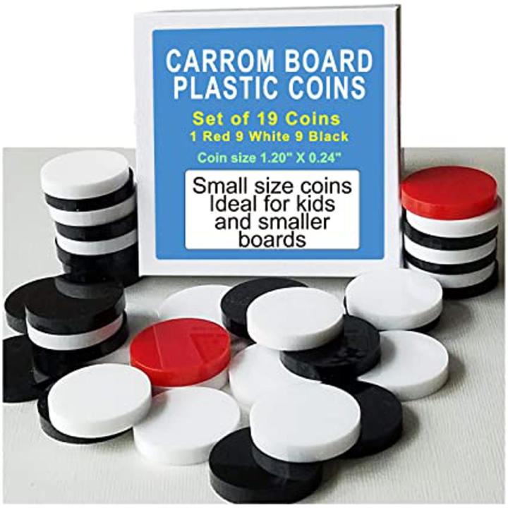 Kids Carrom Board Pieces - Coins - Goti - Set of 19 Pieces of Plastic Stone Size 1 - Black and White Kids Carom Goti/Coins