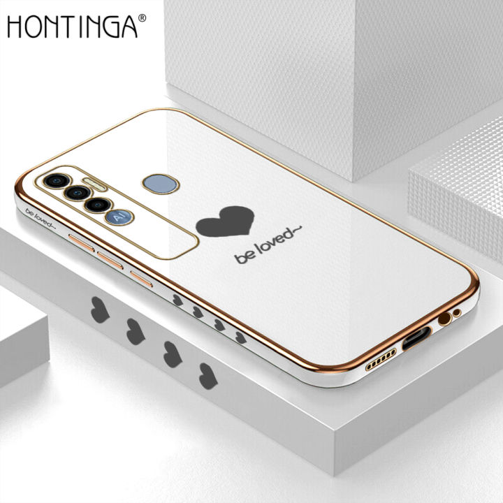 Hontinga for Tecno Spark 7 Pro Back Cover Luxury 6D Plating Lover Heart Side Pattern Case Soft Silicone Square Phone Cases