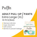 Puffin Adult Pull-up Extra Large (XL) 10 Pcs-  Size (109-150 cm | 43-59 inches), | Unisex | Leakproof | Quick & Even Absorption | Long Protection hours | Wetness Indicator | Odour Lock | Superior Softness | Elastic Waist & Anti-Bacterial Absorbent Core. 