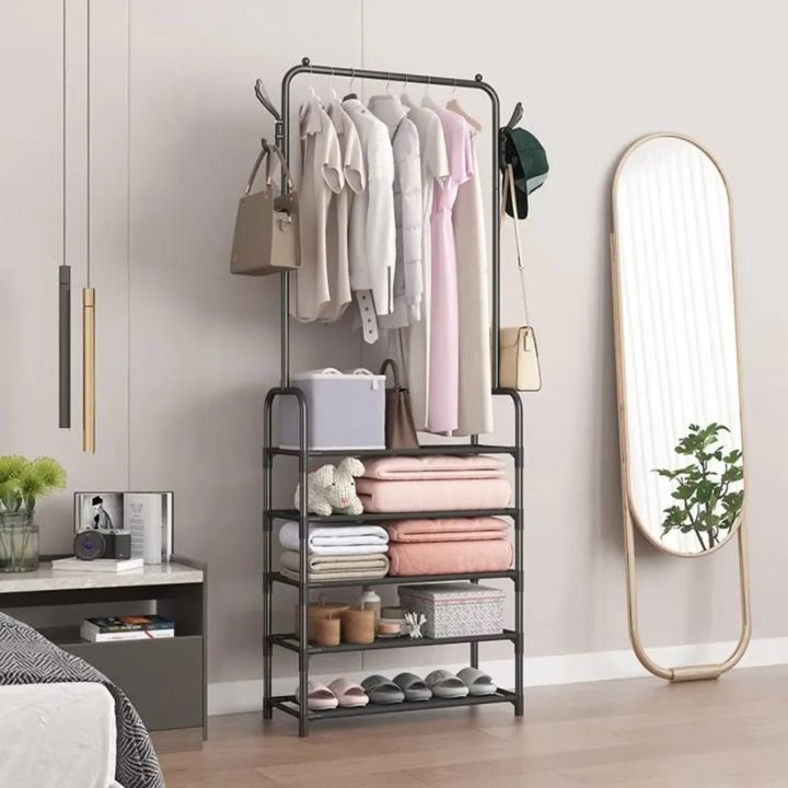 5-Tier Metal Clothes Rack - Standalone Coat Organizer with Hooks and Shoe Storage for Bedroom, Hallway, and Living Room