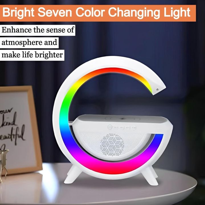 Wireless Charging Speaker with G-Shaped Design, Bluetooth MP3 Player, and LED Lights - Multi-Functional Speaker with Built-In Wireless Charger, Dynamic Lighting Effects, and High-Quality Sound - Ideal for Home, Office, and On-the-Go Entertainment