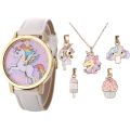 New Cute Children's Watch Fashion Cartoon Unicorn Dial Belt Quartz Watch + Necklace Free Match Suit. 