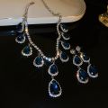 Luxury Necklace Earrings for Women Dark Blue Water Drop Crystal Earrings Wedding Bride Jewelry Sets. 