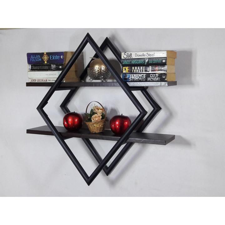 PVC RHOMBUS WALL HANGING SHELF BLACK WITH BROWN