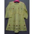 Cute and Beautiful Light Yellow Paper Cotton Rich Embroidered Kurti With Slip Inside For Girls. 