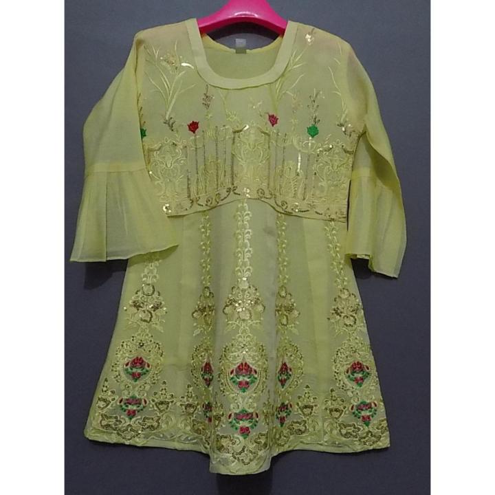 Cute and Beautiful Light Yellow Paper Cotton Rich Embroidered Kurti With Slip Inside For Girls