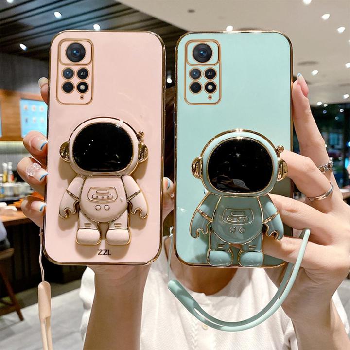 Maitus for Xiaomi Redmi Note 11 Pro Back Cover with Lanyard + Cute Astronaut Folding Stand Luxury 6D Plating Square Bumper Shiny Soft Silicone Cases Full Protection Phone Case