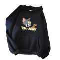 Black Tom And Jerry Fleece Full Sleeves Pull Over Hoodie For Women - Stay Cozy With Tom And Jerry - High Quality Fabric. 