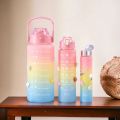 3 Pieces Combo Motivational Water Bottle Set For Day-to-Day Routine | With Time Marker, Funny Stickers, Straw & Handle (2L+900ml+280ml) (Pink With Multi Shades). 