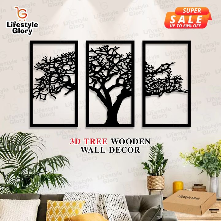 Lifestyle Glory Brand 3D Wooden Tree Wall Art Decor 3 Pieces Black High Quality Gift Ideas Modern Nature Home Office Décor I Wall art I Wall art I Wall art for room decoration I Wall art for room I Wall art for bedroom