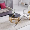 2 pieces center table set round shape with 3 rod wooden marble texture top wrought iron table. 