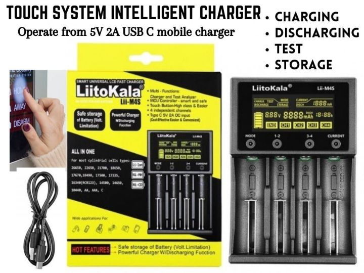 Liitokala Lii-M4S Touch Screen Battery Charger for 26700 18650 26650 21700 AA Touch Button LCD Display Test The Battery Capacity