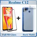 Realme C12 Full Black 9D|5D|6D|10D|11D|21D Tempered Glass Edge to Edge Full Glue Screen Protector + Back Matte Protector Soft Skin Sheet Soft Film Protector For Realme C12. 
