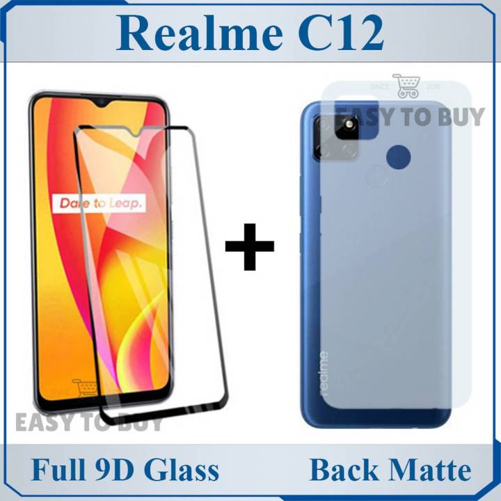 Realme C12 Full Black 9D|5D|6D|10D|11D|21D Tempered Glass Edge to Edge Full Glue Screen Protector + Back Matte Protector Soft Skin Sheet Soft Film Protector For Realme C12