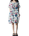 OIMG Vintage Women Loose Cotton Dress Ethnic Floral Print Pockets Short Sleeve Casual Midi Long Dress White. 