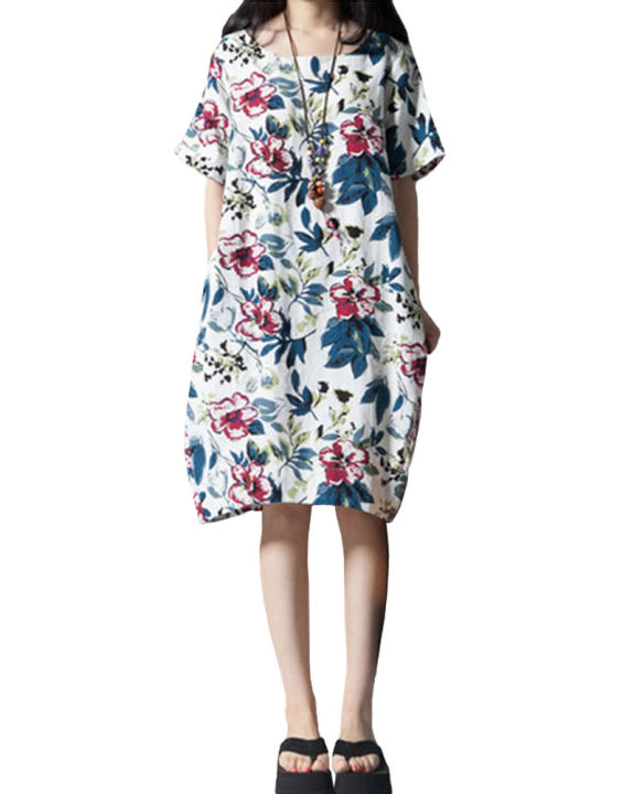 OIMG Vintage Women Loose Cotton Dress Ethnic Floral Print Pockets Short Sleeve Casual Midi Long Dress White