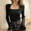 Women Knitted U-neck Sweater  ops Casual -fit Long Sleeve Pullover Bottoming Shirt color. 