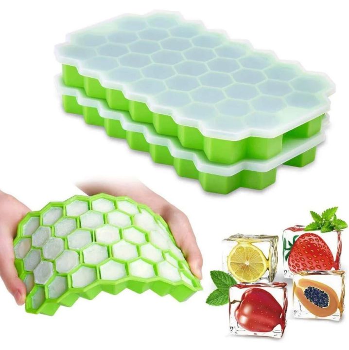 1  Ice Tray Easy Push Pop Out Square Silicon Ice Cubes Tray Honeycomb Shape Silicone Ice Cube Molds with Lid Flexible Tray for Refrigerator And Freezer