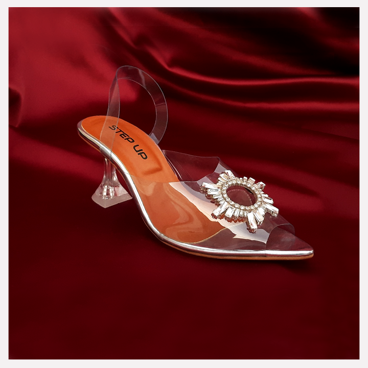 Transparent Pointed High Heel Sandals for Women, Clear PVC with Rhinestones, Elegant Wedding Pumps