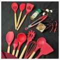 12Pcs Food Grade Safety Silicone Utensils with Wooden Handles, Heat Resistant Kitchen Tools Set, Used with Non-Stick Cookware. 