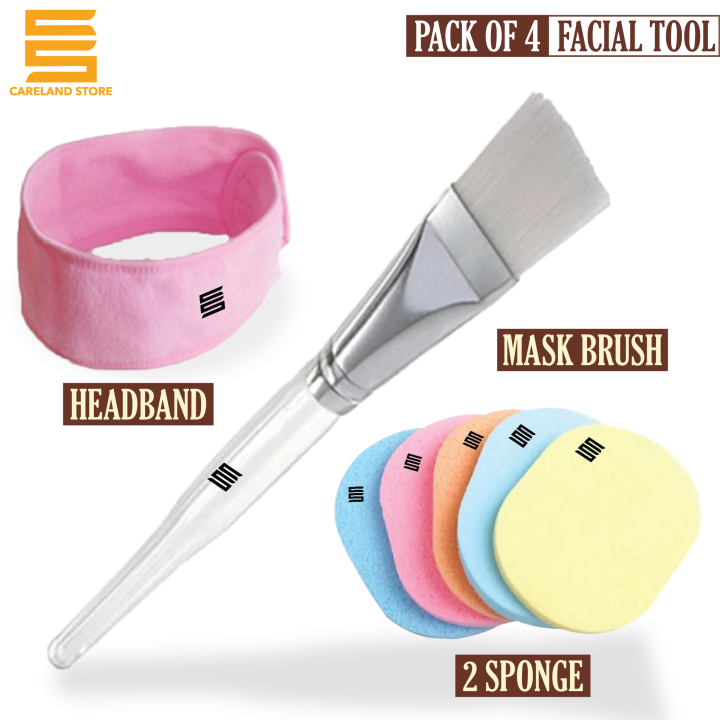 Pack of 4 Facial Tool, 1 Facial Hair Band 1 Facial Mixing Brush 2 Sponge Puff, Facial Mask Brush, Wash Cleansing Sponge Puff Pad Makeup Remover Puff, Facial Headband, 4 Pcs Kit for Easy Application and Makeup Removal By Careland Store