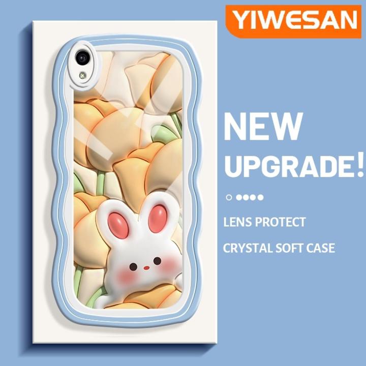 YIWESAN For VIVO Y1s Y91C Case 3D Flowers Rabbit Pattern Cream Wave Border Soft Clear Shockproof Phone Cases Creative Camera Transparent Casing Simple Gentle Protective Cover